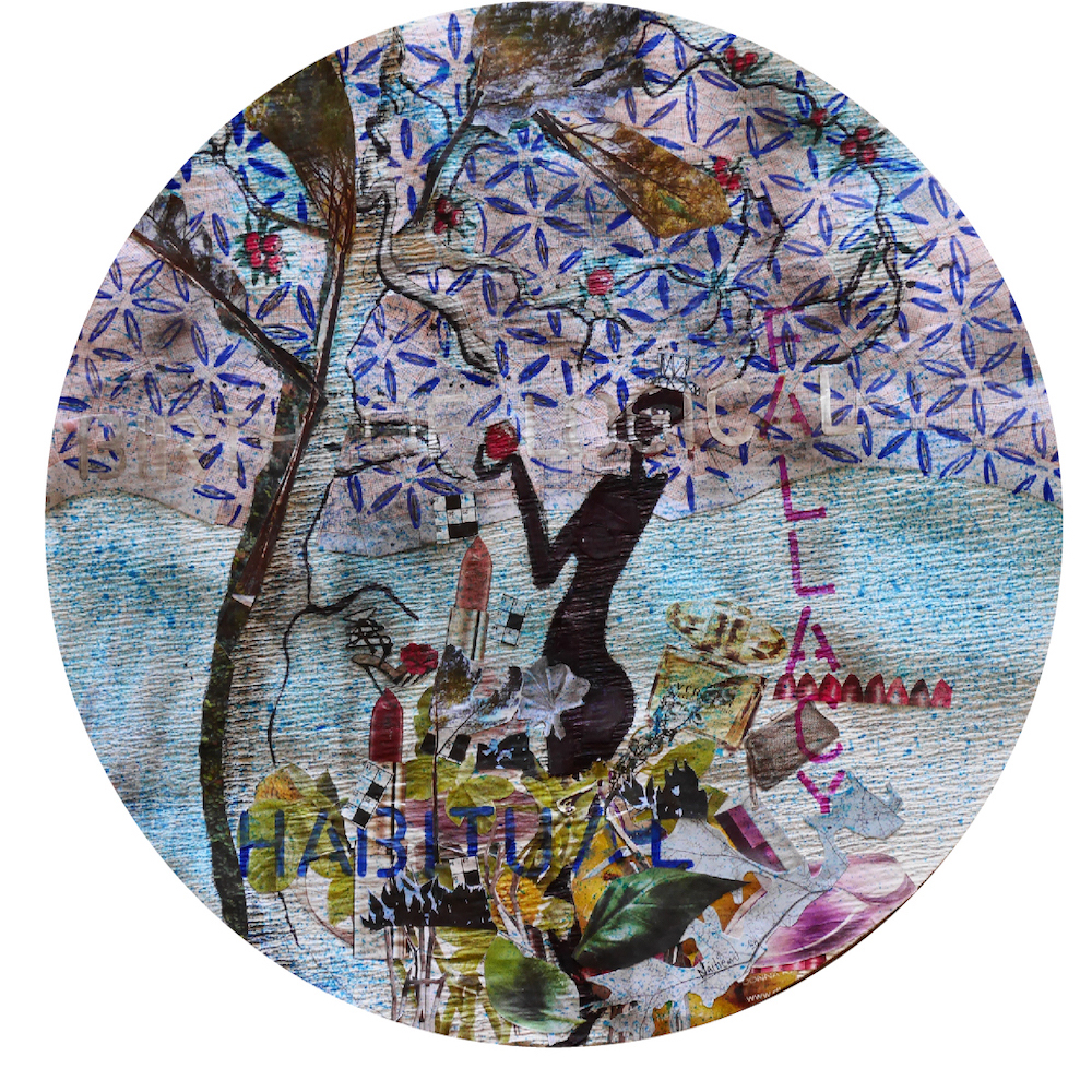Recycled Collage artwork on coffee filter paper, 40cm diameter.